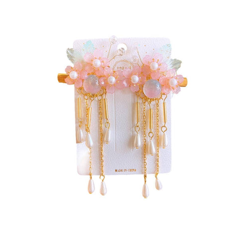 Hanfu Flower Hair Clips with Pearl Tassels - Style E011, Pink Flower Cluster, Set of 2
