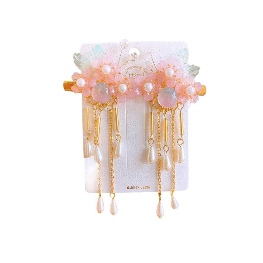 Hanfu Flower Hair Clips with Pearl Tassels - Style E011, Pink Flower Cluster, Set of 2