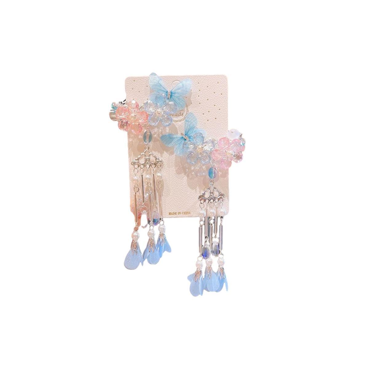 Hanfu Flower Hair Clips with Tassels - Style 1, Blue Butterflies, Set of 2