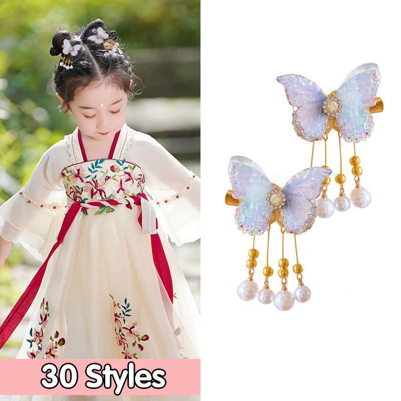 Hanfu Flower Hair Clips with Tassels - Style 1, Blue Butterflies, Set of 2 - view 14