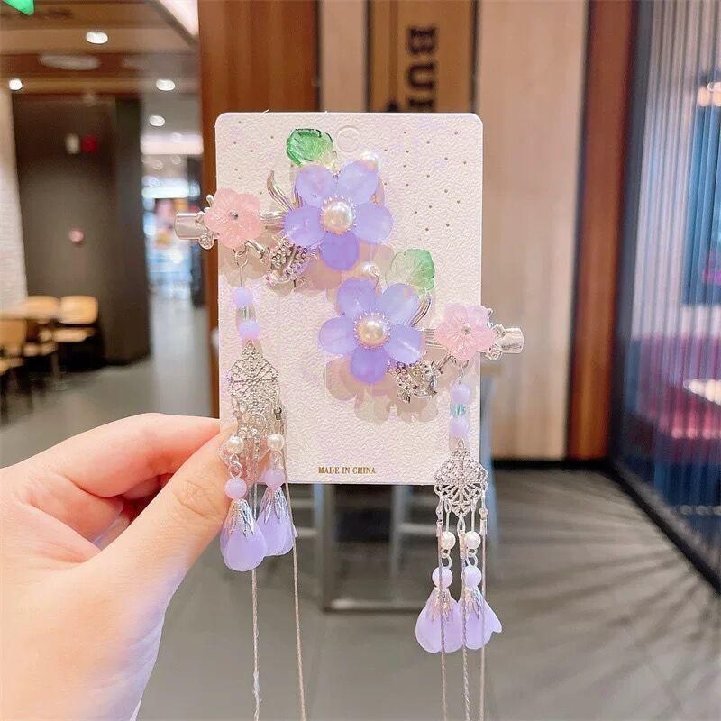 Hanfu Flower Hair Clips with Tassels - Style 1, Blue Butterflies, Set of 2 - view 19
