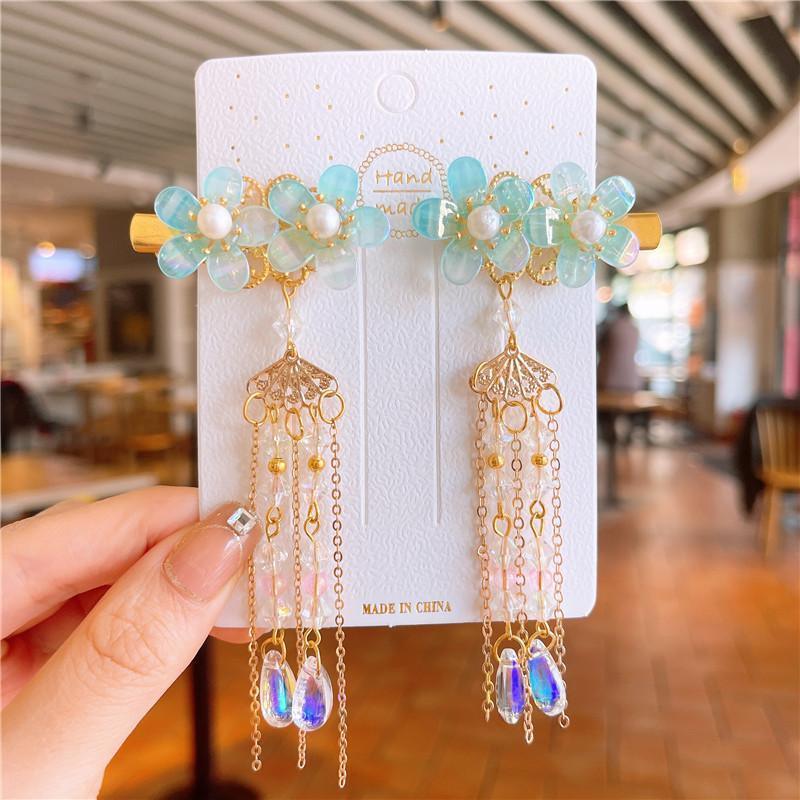 Hanfu Flower Hair Clips with Tassels - Style 1, Blue Butterflies, Set of 2 - view 25