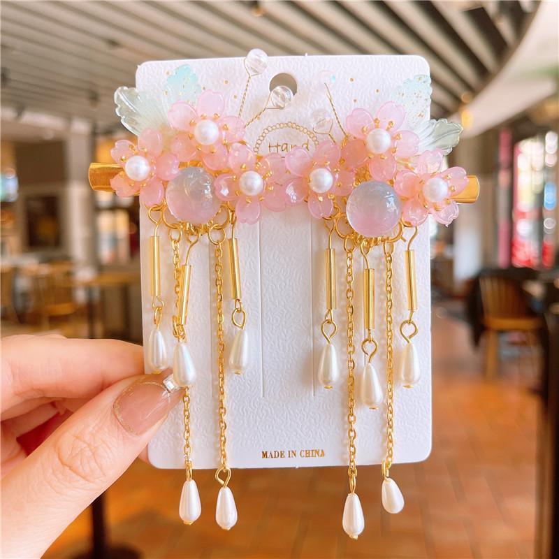 Hanfu Flower Hair Clips with Tassels - Style 1, Blue Butterflies, Set of 2 - view 31