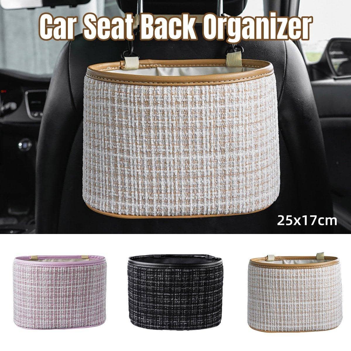 Hanging Car Seat Back Organiser, Cotton and Linen Pouch - Beige - view 2