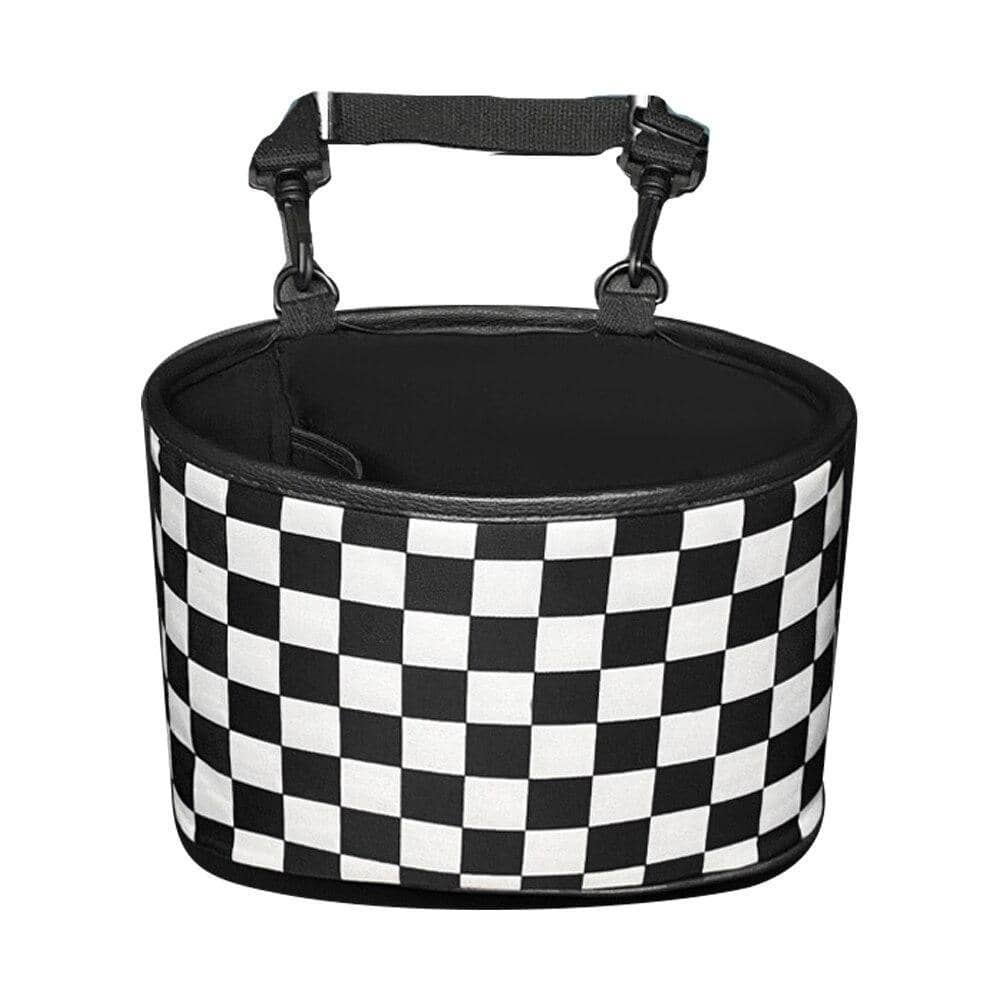 Hanging Car Storage Bag and Rubbish Bin, Checkerboard Design - Black and White