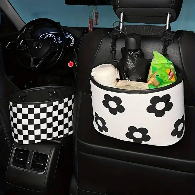 Hanging Car Storage Bag and Rubbish Bin, Checkerboard Design - Black and White - view 5