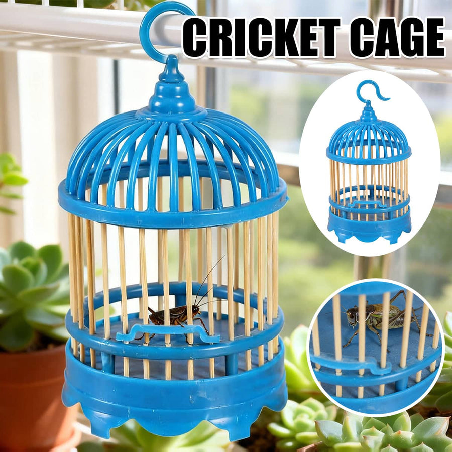 Hanging Cricket Cage Blue Plastic Insect House with Wooden Slats and Hook