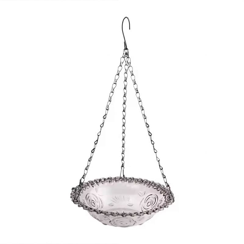 Hanging Glass Bird Bath and Feeder with Chain and Hook - Grey