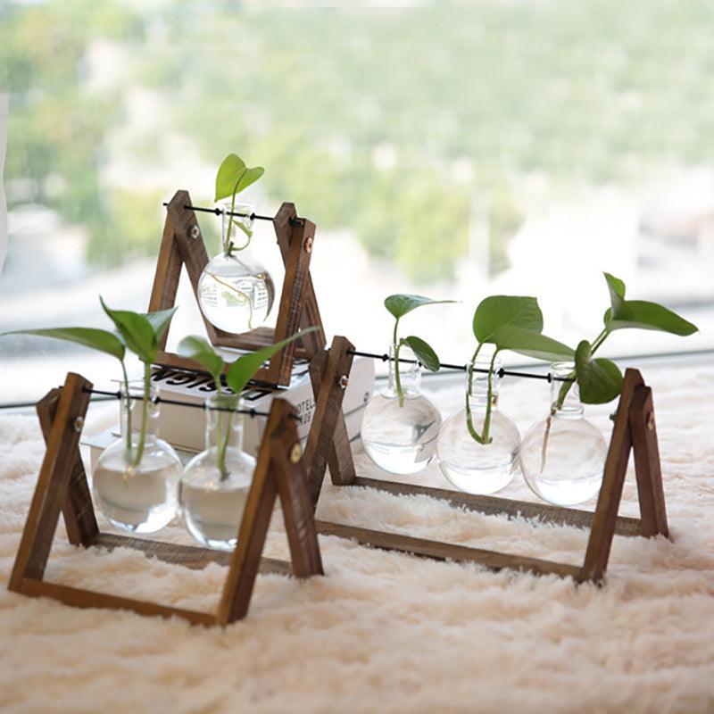 Hanging Glass Vase with Wood Stand for Hydroponic Plants - Size M, 2 Bottles (Tray 22 x 14 cm) - view 5