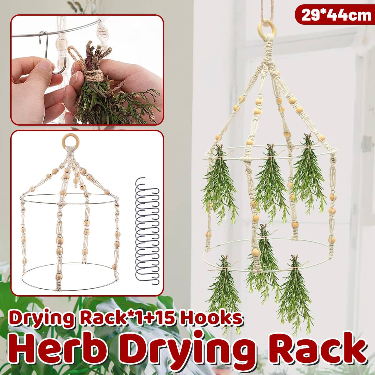 Hanging Herb Drying Rack, Handwoven Cotton Rope with 15 Hooks