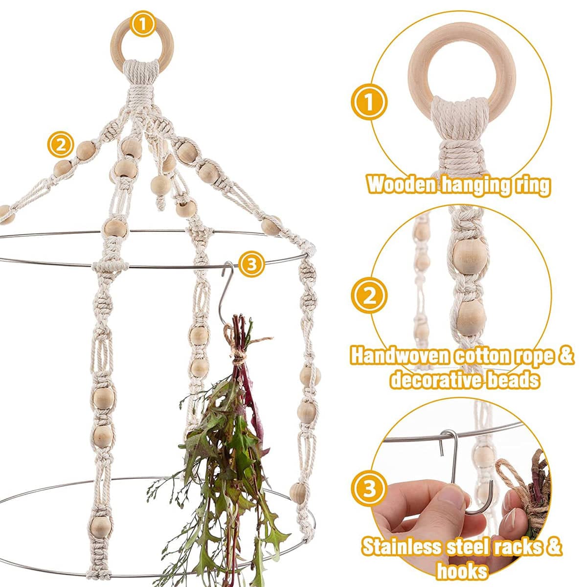 Hanging Herb Drying Rack, Handwoven Cotton Rope with 15 Hooks - view 4