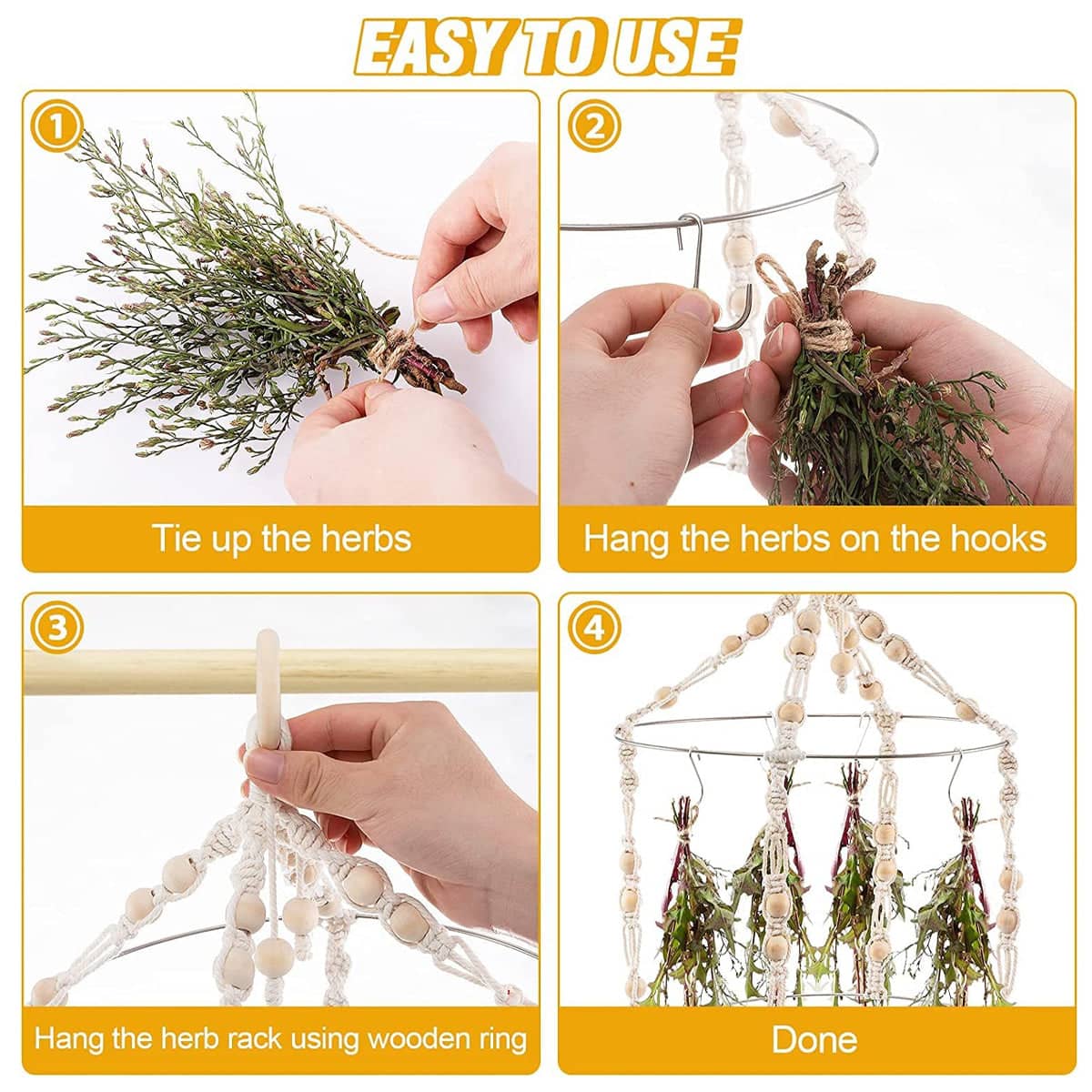 Hanging Herb Drying Rack, Handwoven Cotton Rope with 15 Hooks - view 5
