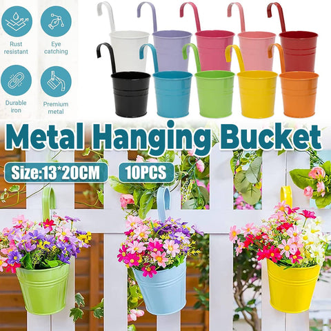 Hanging Metal Flower Bucket Planter 10 Piece Multicolour for Balcony and Garden Decor
