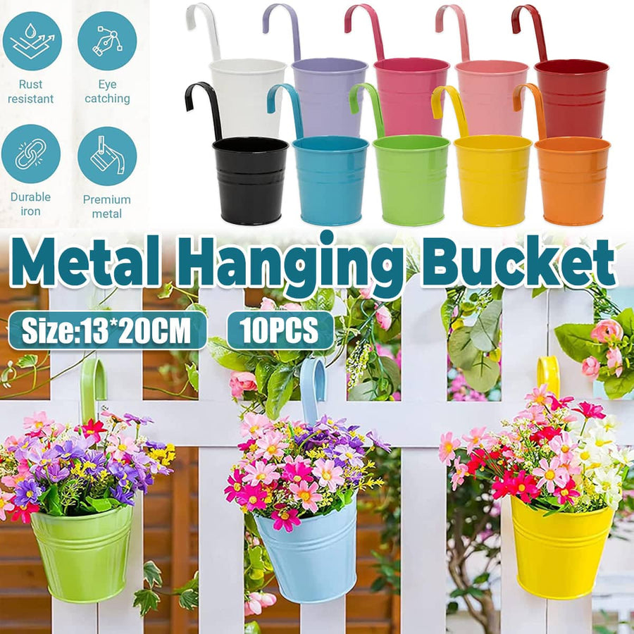 Hanging Metal Flower Bucket Planter 10 Piece Multicolour for Balcony and Garden Decor