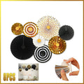 Hanging Paper Fan Party Decorations - Black and Gold, Pack of 8