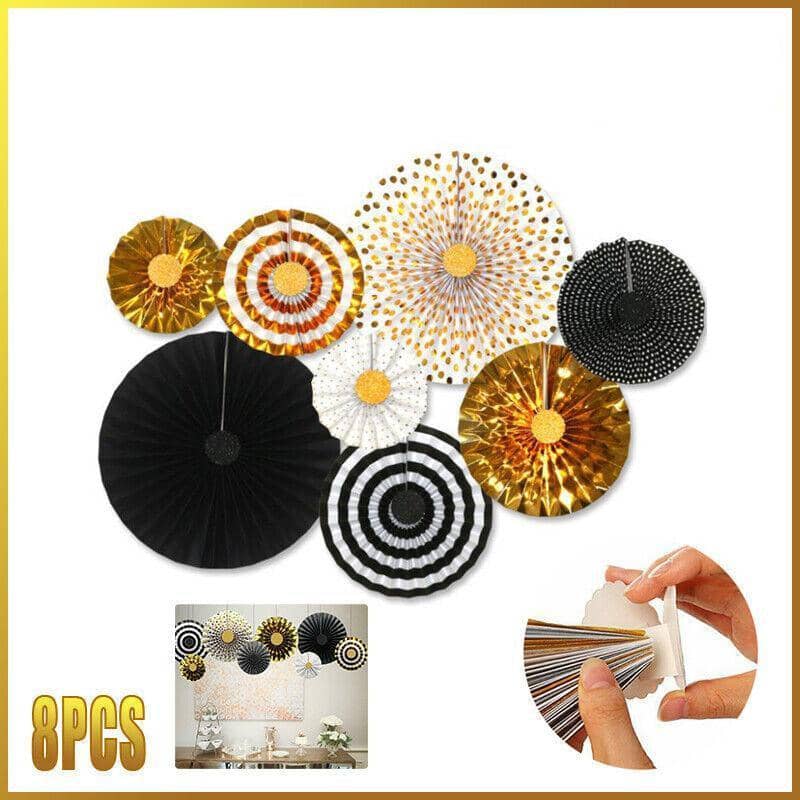 Hanging Paper Fan Party Decorations - Black and Gold, Pack of 8