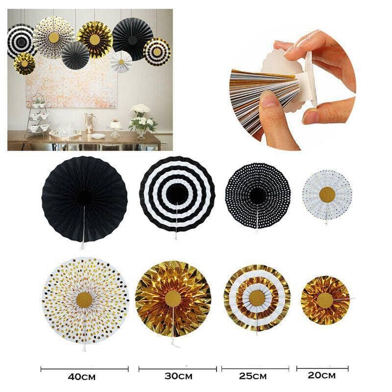 Hanging Paper Fan Party Decorations - Black and Gold, Pack of 8 - view 4