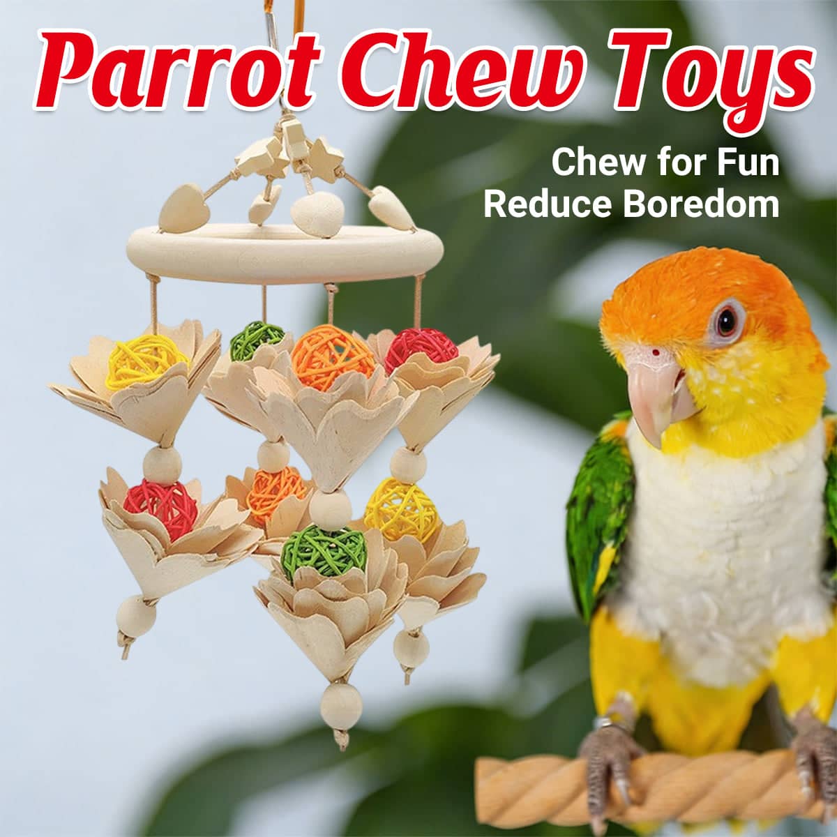 Hanging Parrot Chew Toy with Natural Wood and Woven Balls for Cage Beak Grinding