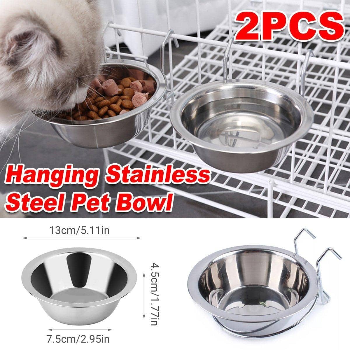 Hanging Pet Bowls, Stainless Steel, 13 cm Diameter, Pack of 2