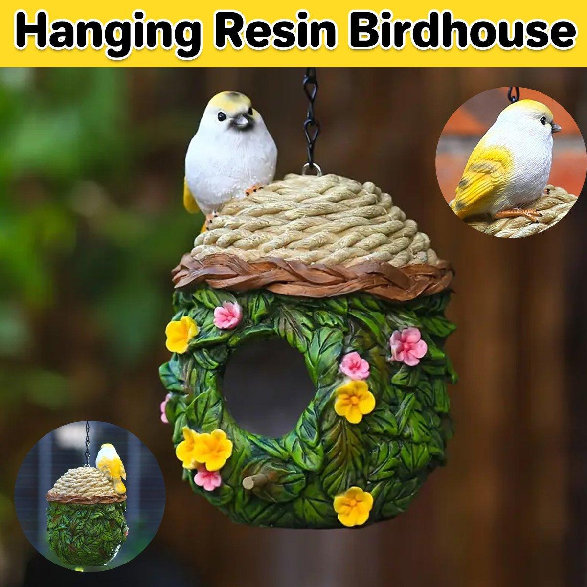 Hanging Resin Birdhouse with Leaf and Flower Design - Outdoor Garden Decor