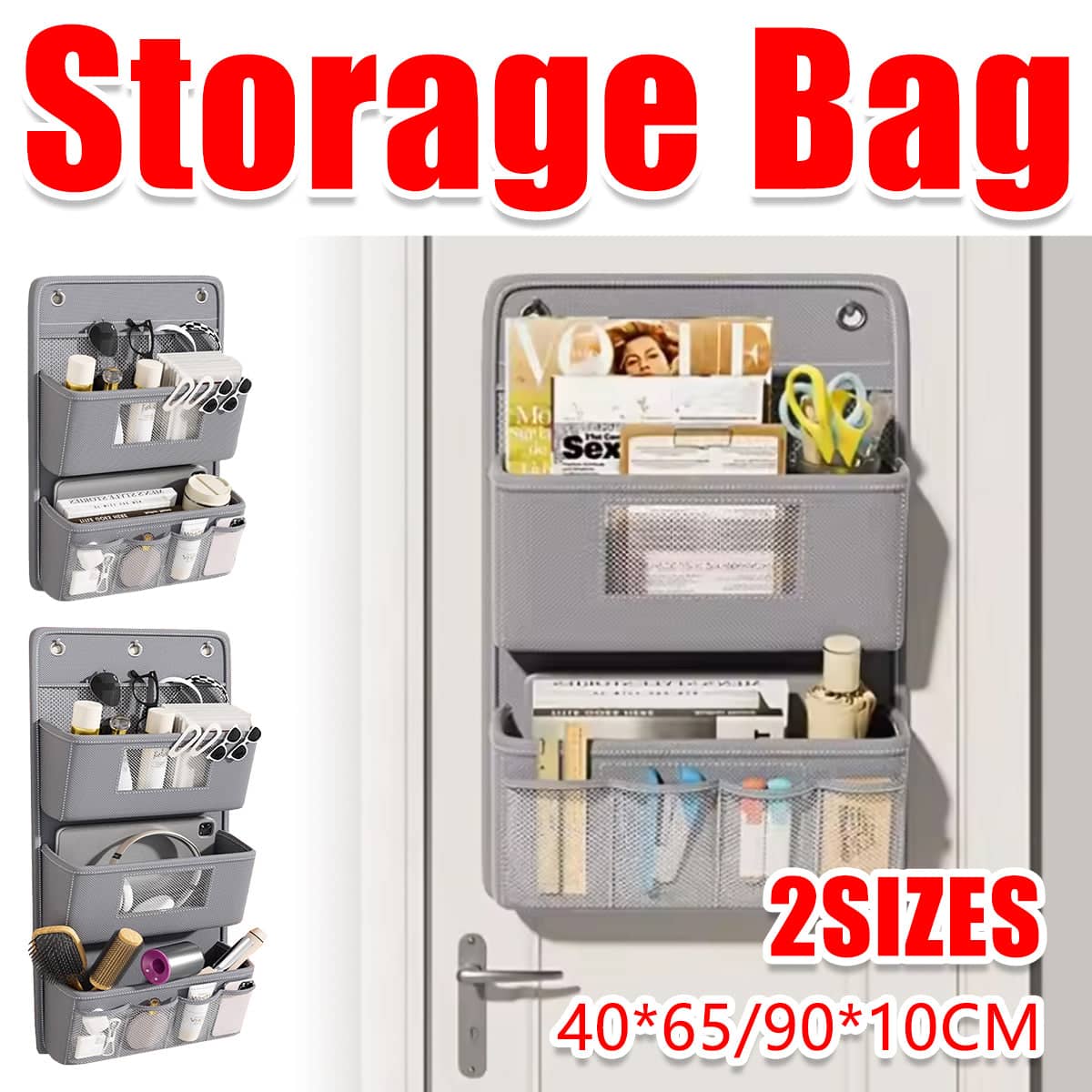 Hanging Wall Door Storage Bag Organiser Multi Pocket Grey - 3 Tier, 40 x 90 cm - view 2