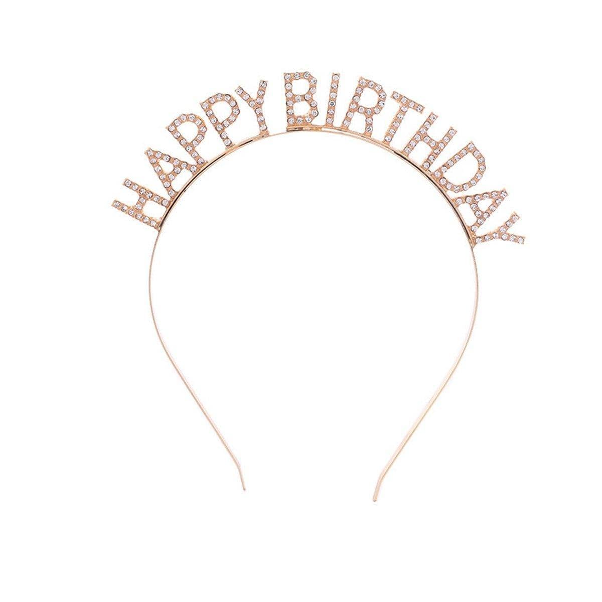 Happy Birthday Headband with Rhinestone Crown - Gold