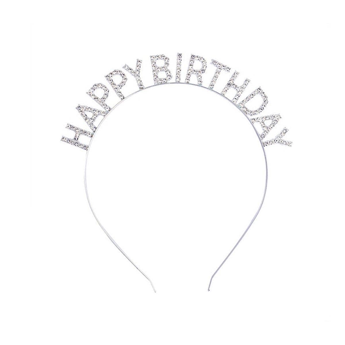 Happy Birthday Headband with Rhinestone Crown - Silver