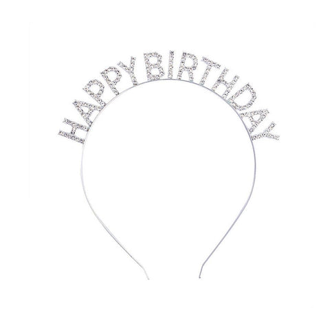Happy Birthday Headband with Rhinestone Crown - Silver