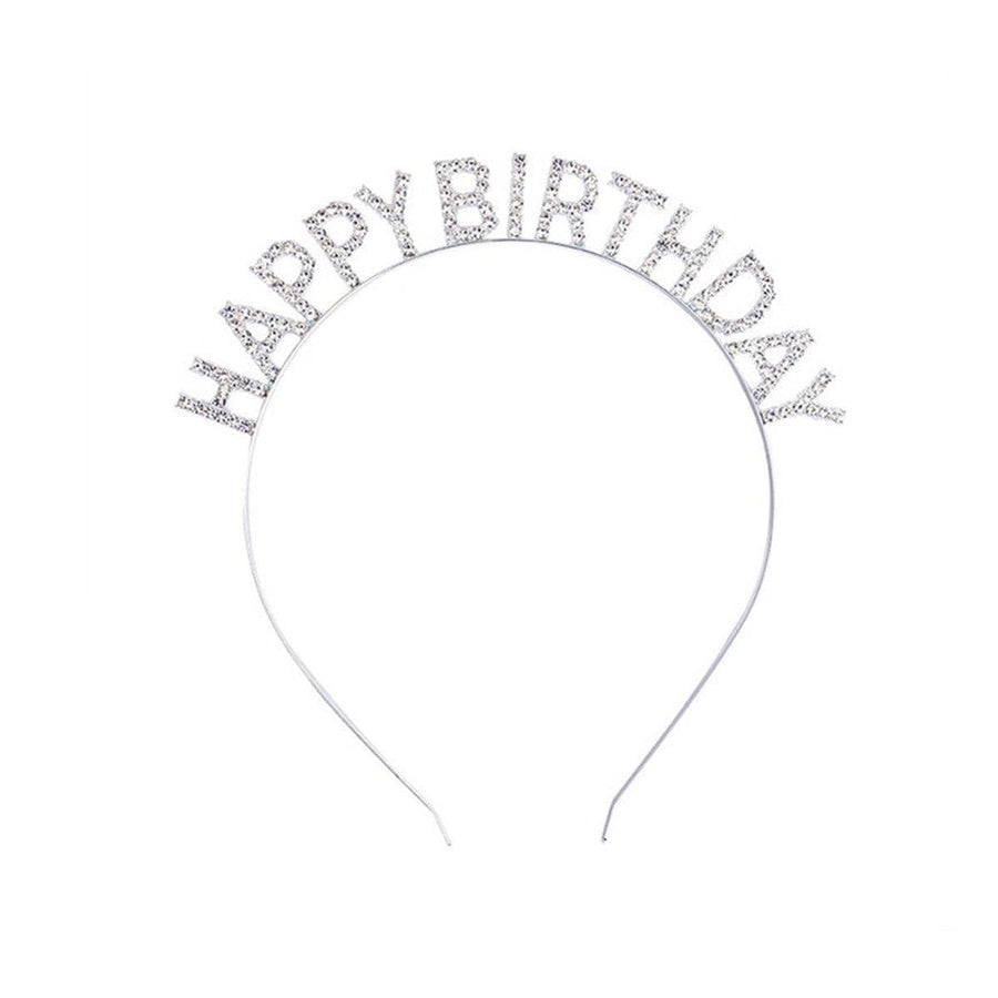 Happy Birthday Headband with Rhinestone Crown - Silver