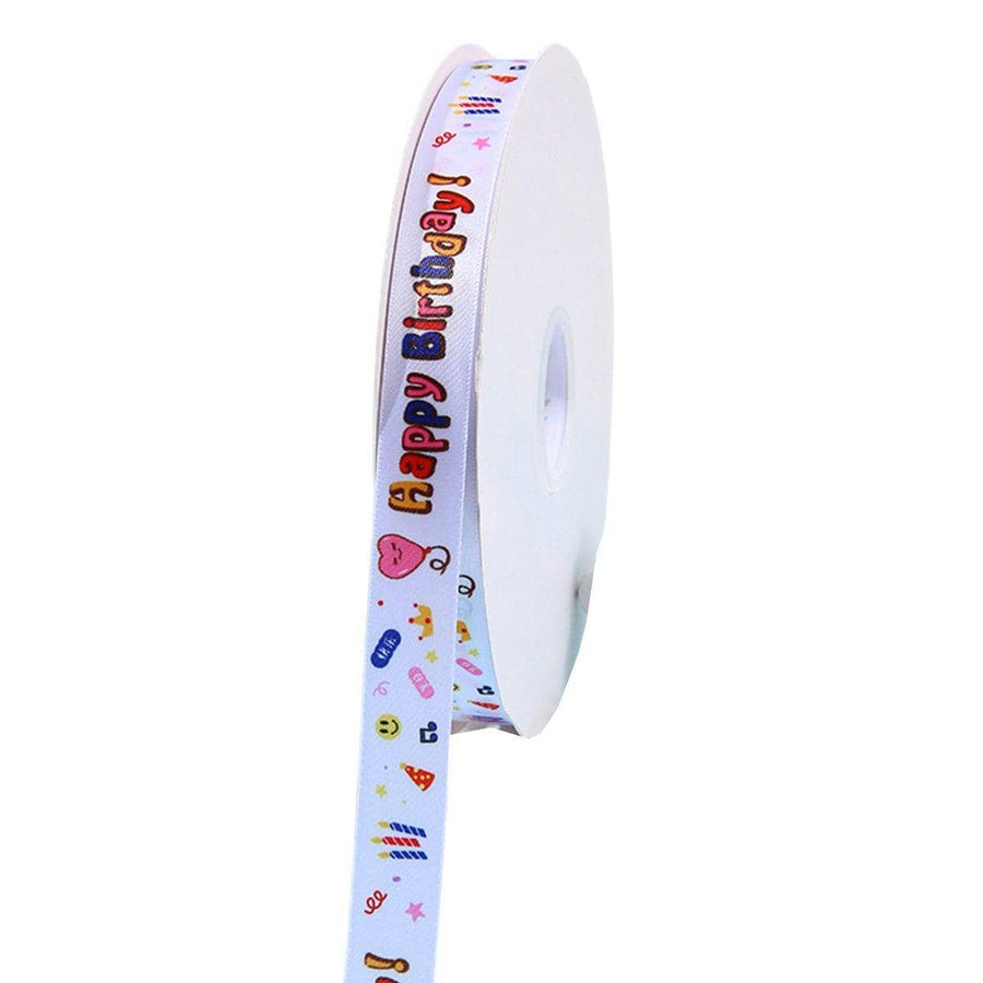 Happy Birthday Printed Ribbon 2 cm x 100 Yards - Heart Balloon, Candles and Party Hats