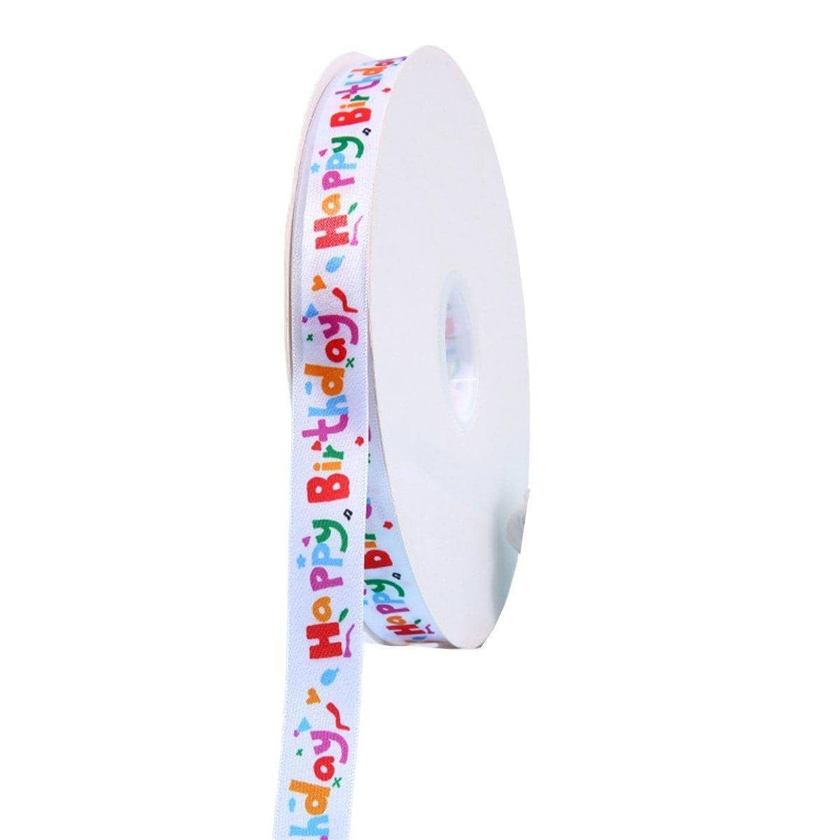 Happy Birthday Printed Ribbon 2 cm x 100 Yards - Multicolour Letters and Confetti