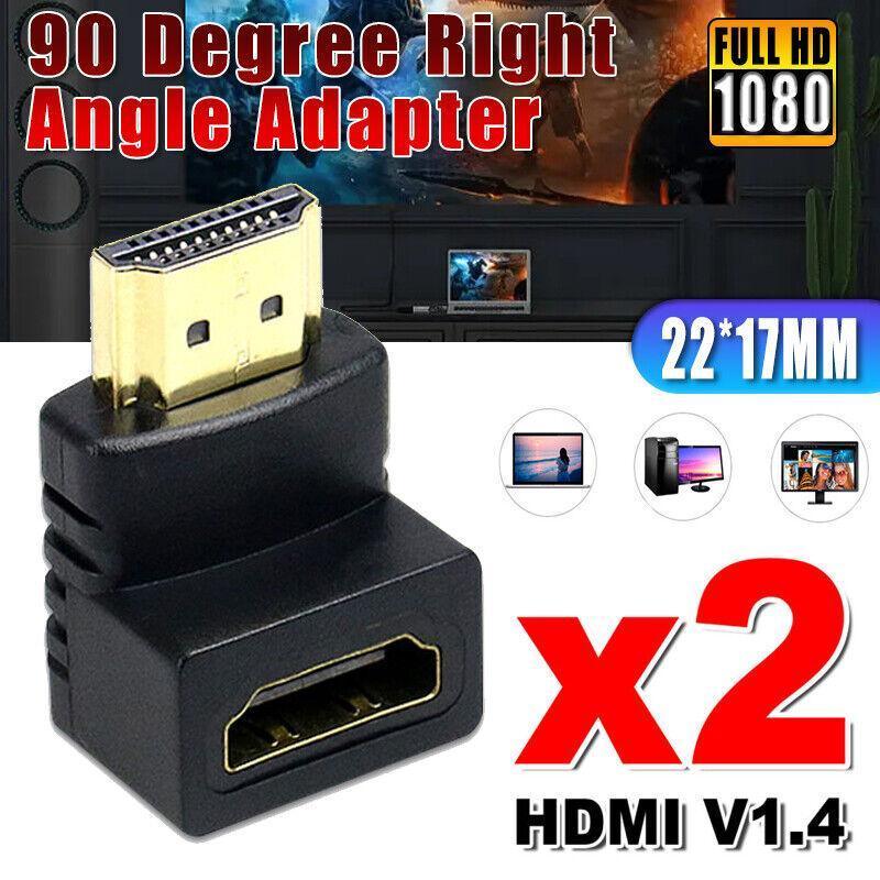 HDMI Right Angle Adapter, Male to Female 90 Degree, Pack of 2 - Black