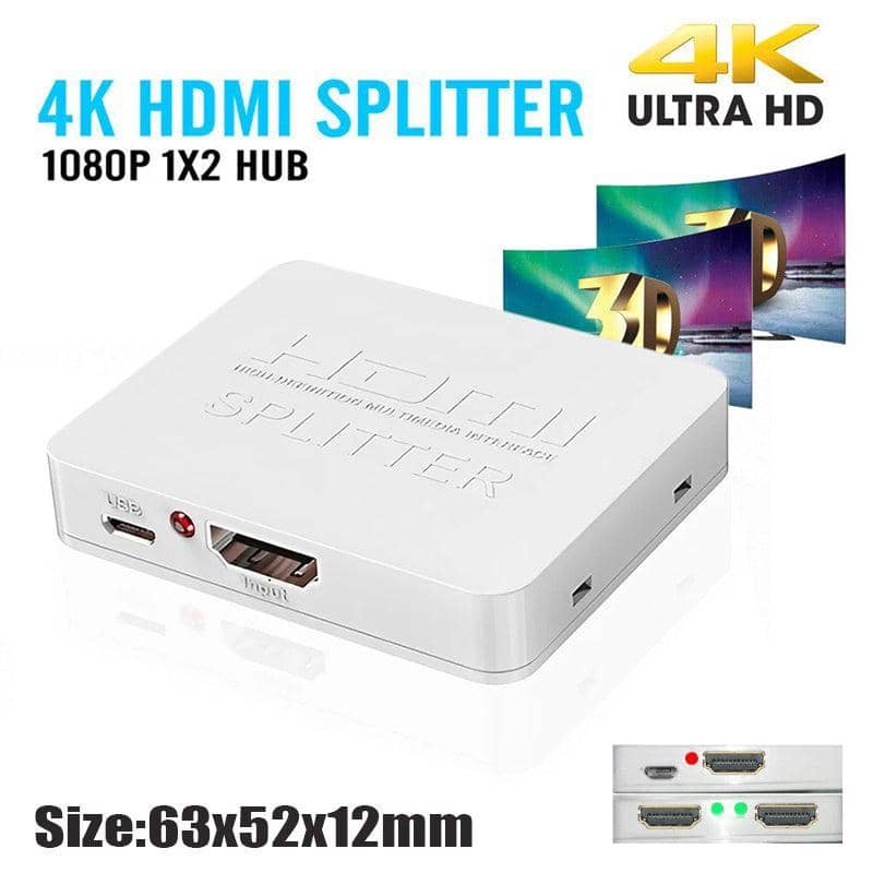 HDMI Splitter with One Input and Two Outputs, 4K 1080p HDCP Amplifier - White