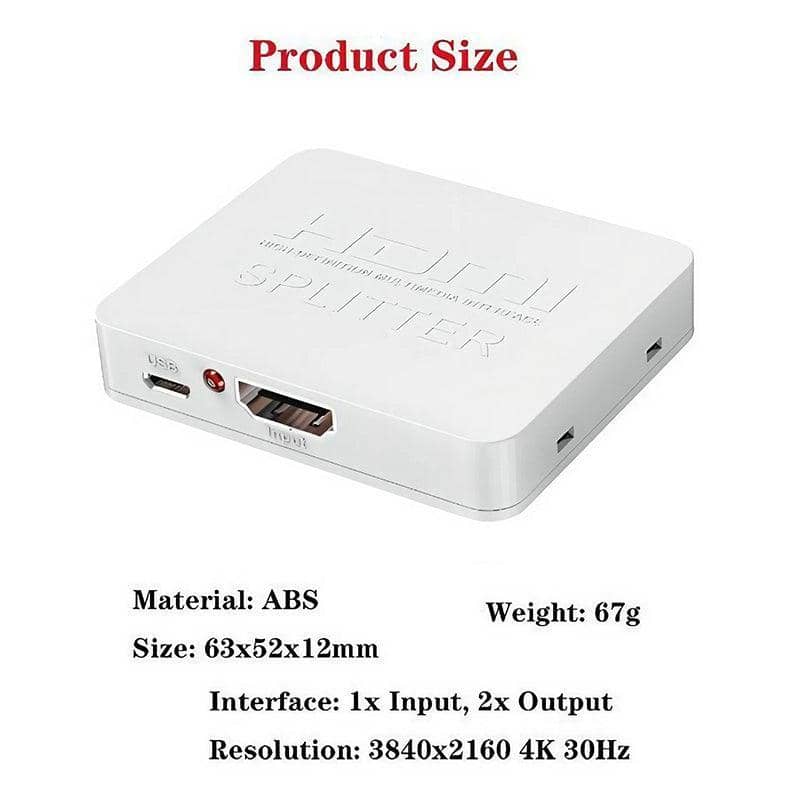 HDMI Splitter with One Input and Two Outputs, 4K 1080p HDCP Amplifier - White - view 3