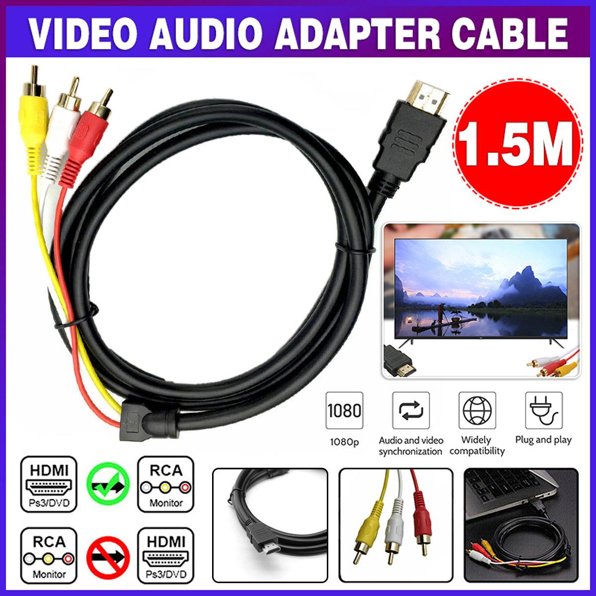 HDMI to 3 RCA Video Audio Adapter Cable - 1.5 m, Gold Plated