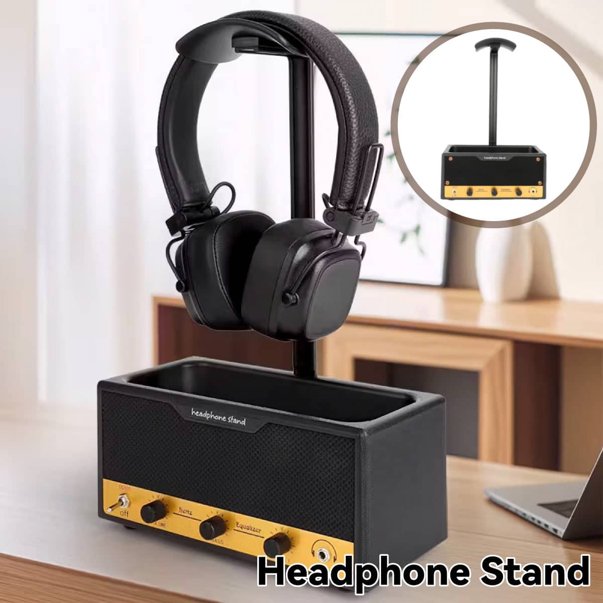 Headphone Stand Holder Speaker Shaped with Storage Box for Gaming Desk