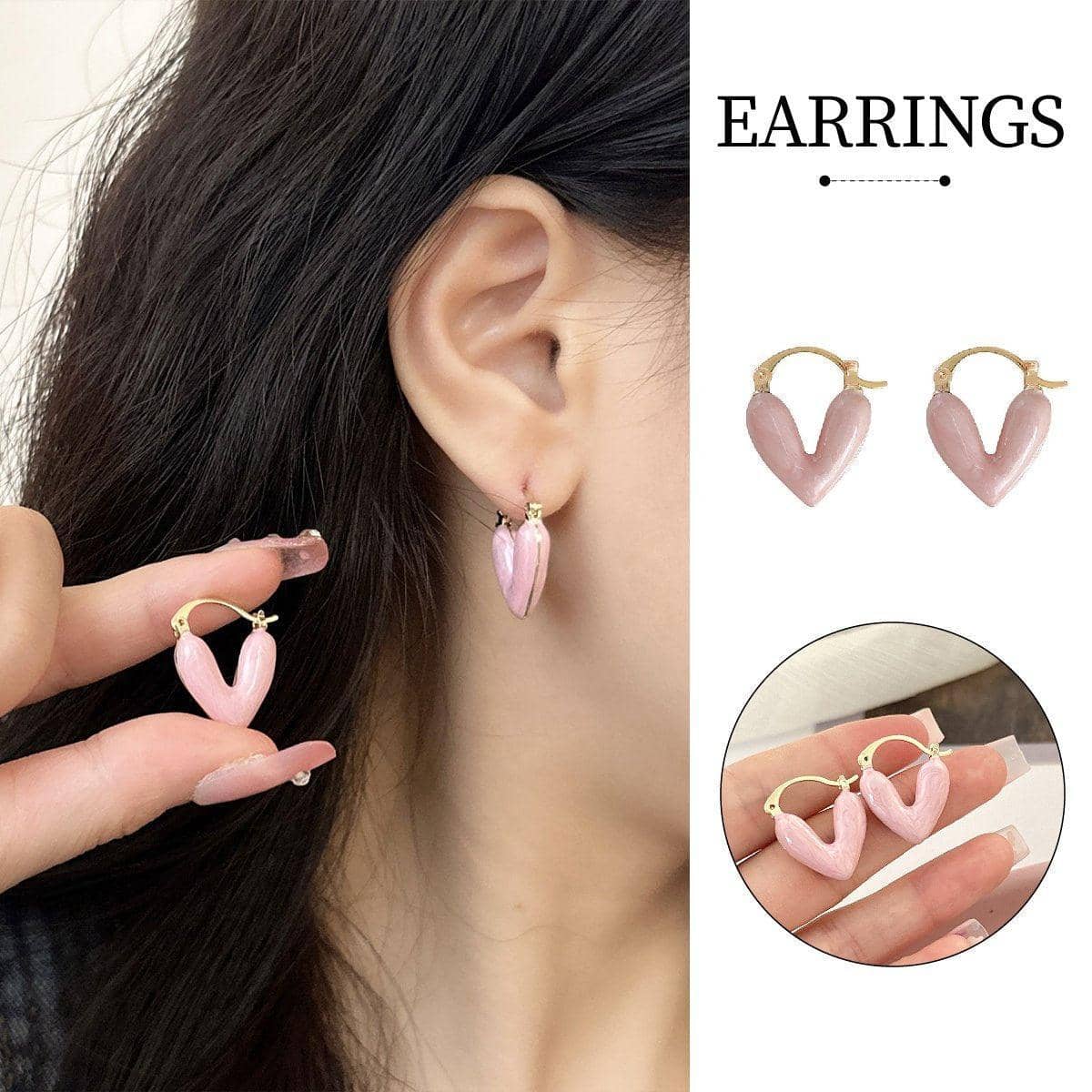 Heart Dangle Earrings with Pink Enamel and Latch Backs