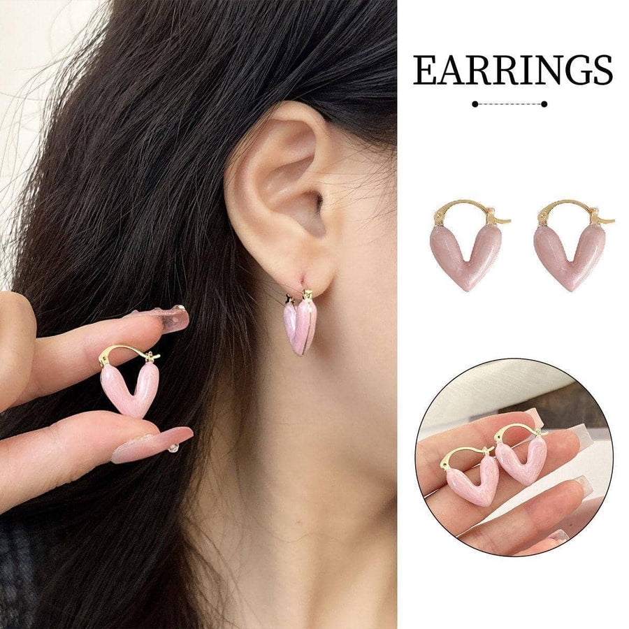 Heart Dangle Earrings with Pink Enamel and Latch Backs