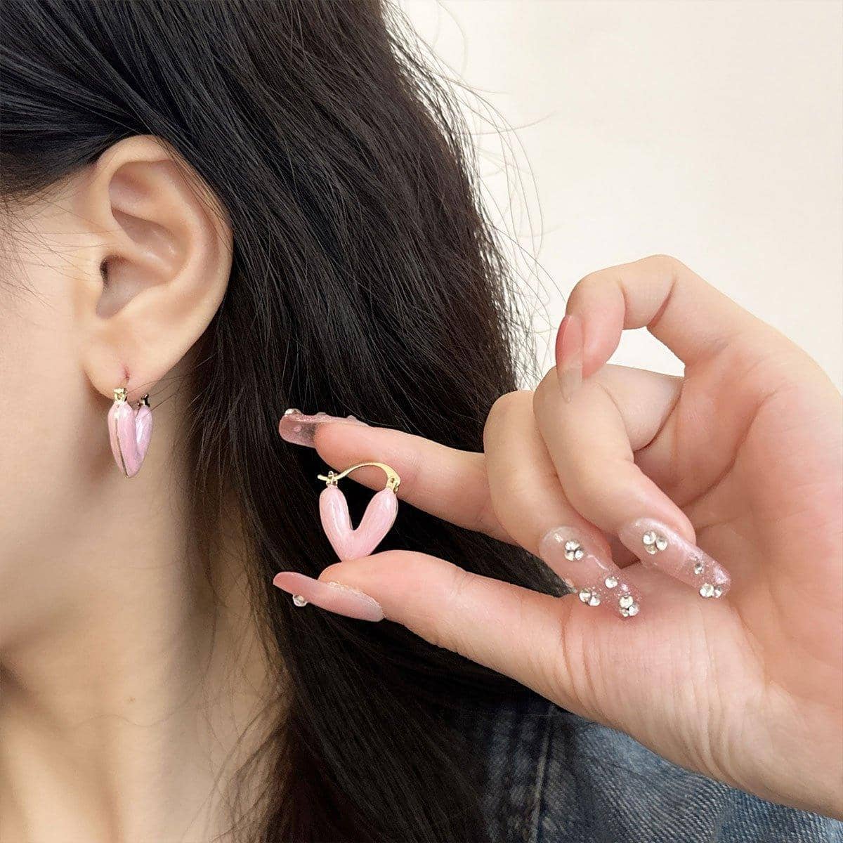 Heart Dangle Earrings with Pink Enamel and Latch Backs - view 4