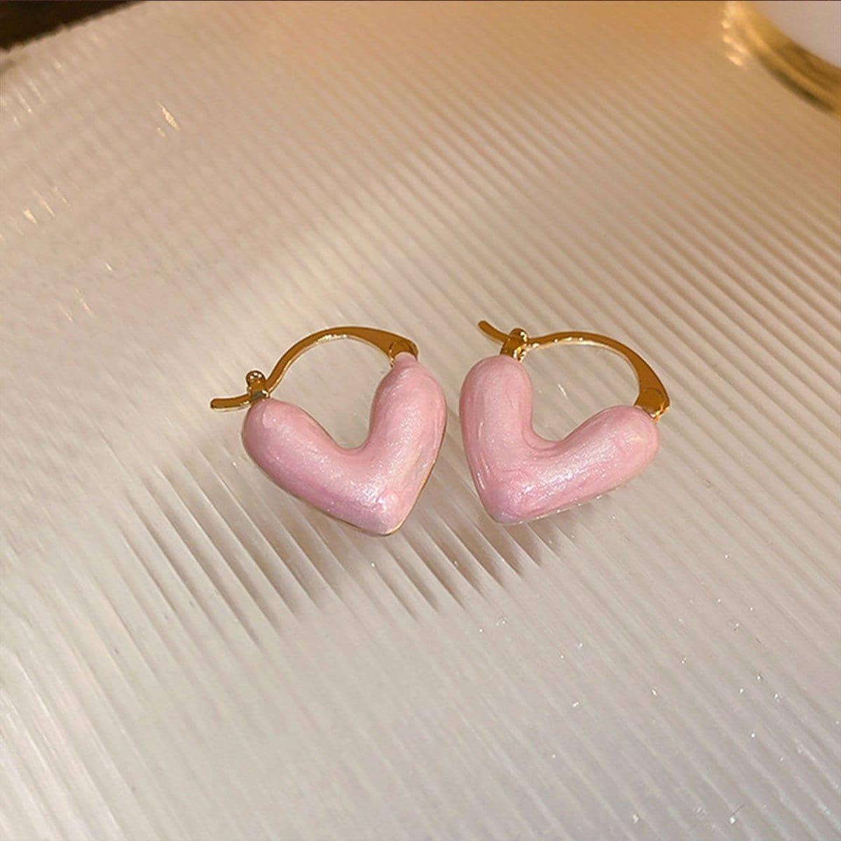 Heart Dangle Earrings with Pink Enamel and Latch Backs - view 5