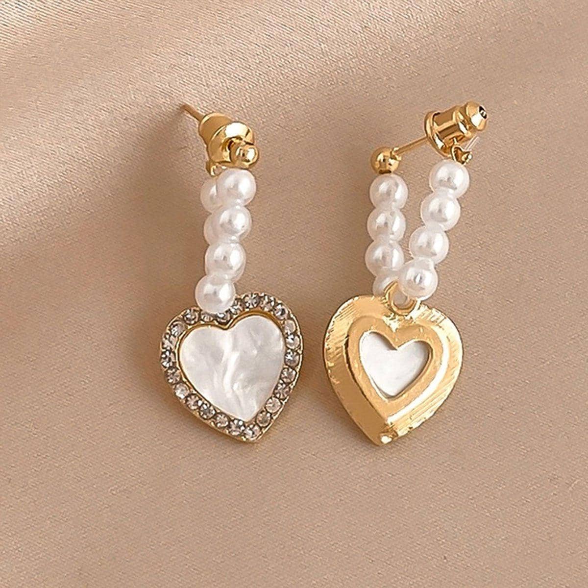 Heart Love Stud Earrings with Faux Pearls and Rhinestones for Women - view 4