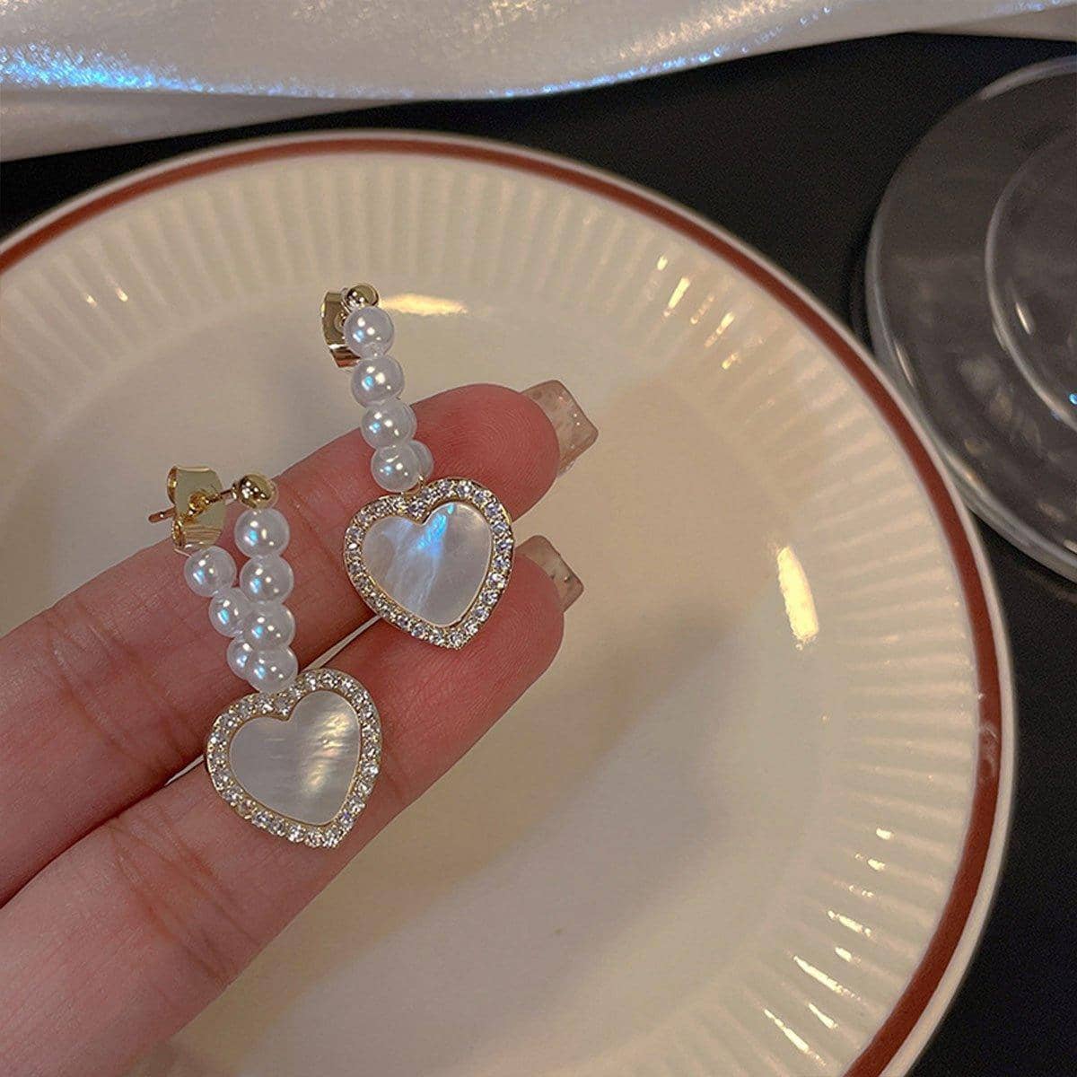 Heart Love Stud Earrings with Faux Pearls and Rhinestones for Women - view 5