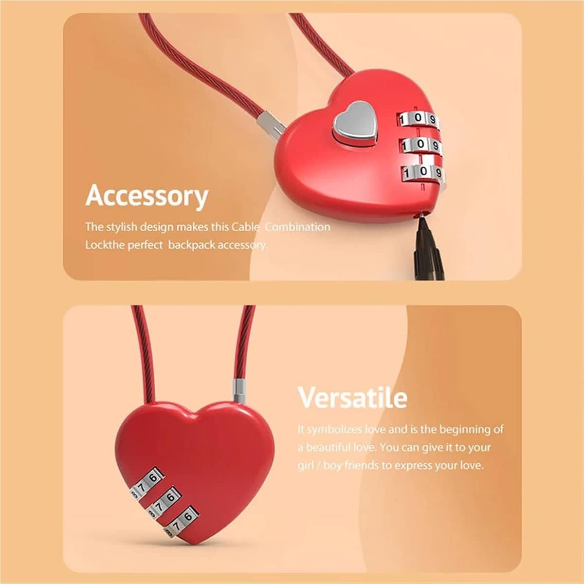 Heart Shaped Combination Cable Lock for Luggage and Bags - Black - view 5