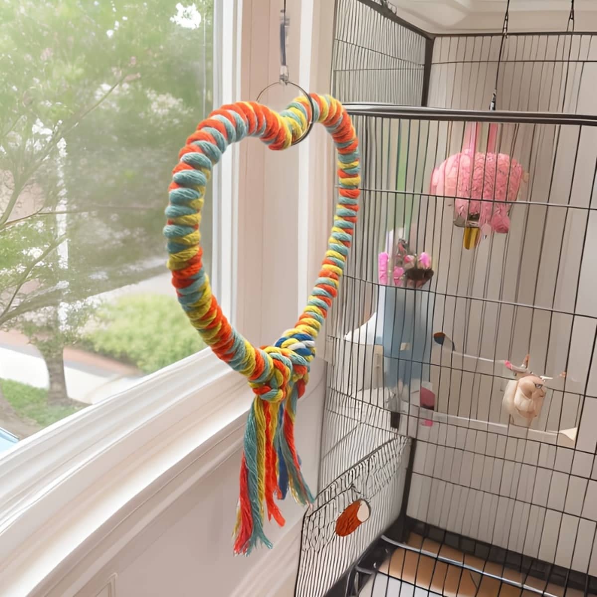 Heart Shaped Cotton Rope Bird Swing Perch, Multicolour - view 5