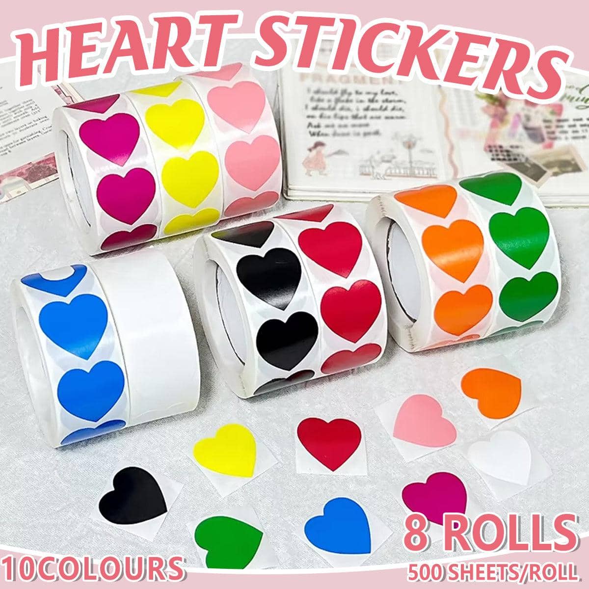 Heart Shaped Self Adhesive Stickers, 8 Rolls of 500 - Orange - view 2