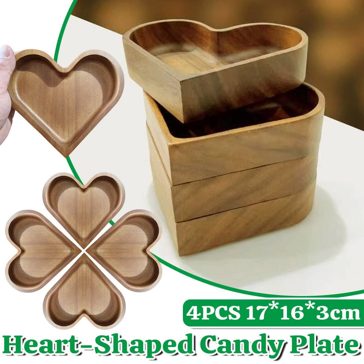 Heart Shaped Solid Wood Serving Tray Set of 4 for Candy, Nuts and Dried Fruit