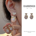 Heart Stud Earrings with Crystal Bow and Pearl Drop for Women, Fashion Gift