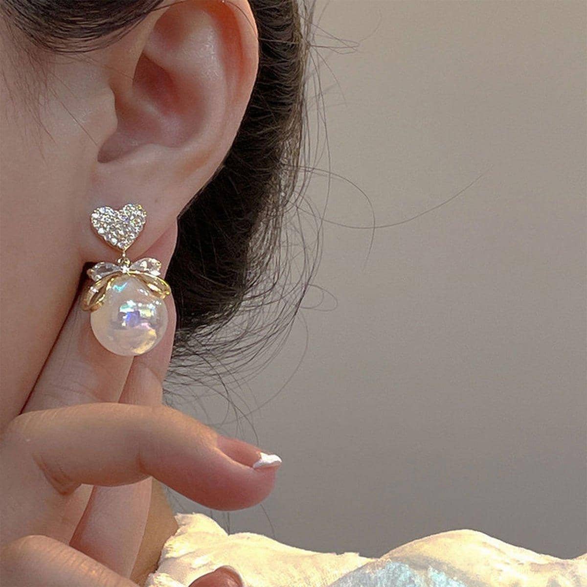 Heart Stud Earrings with Crystal Bow and Pearl Drop for Women, Fashion Gift - view 4