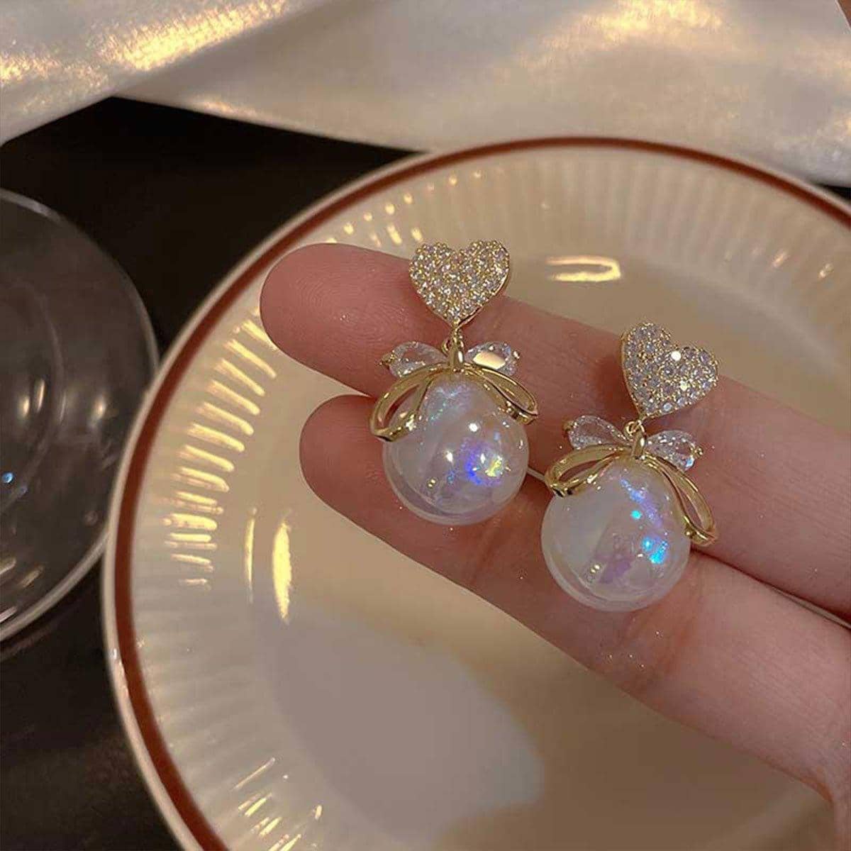Heart Stud Earrings with Crystal Bow and Pearl Drop for Women, Fashion Gift - view 5