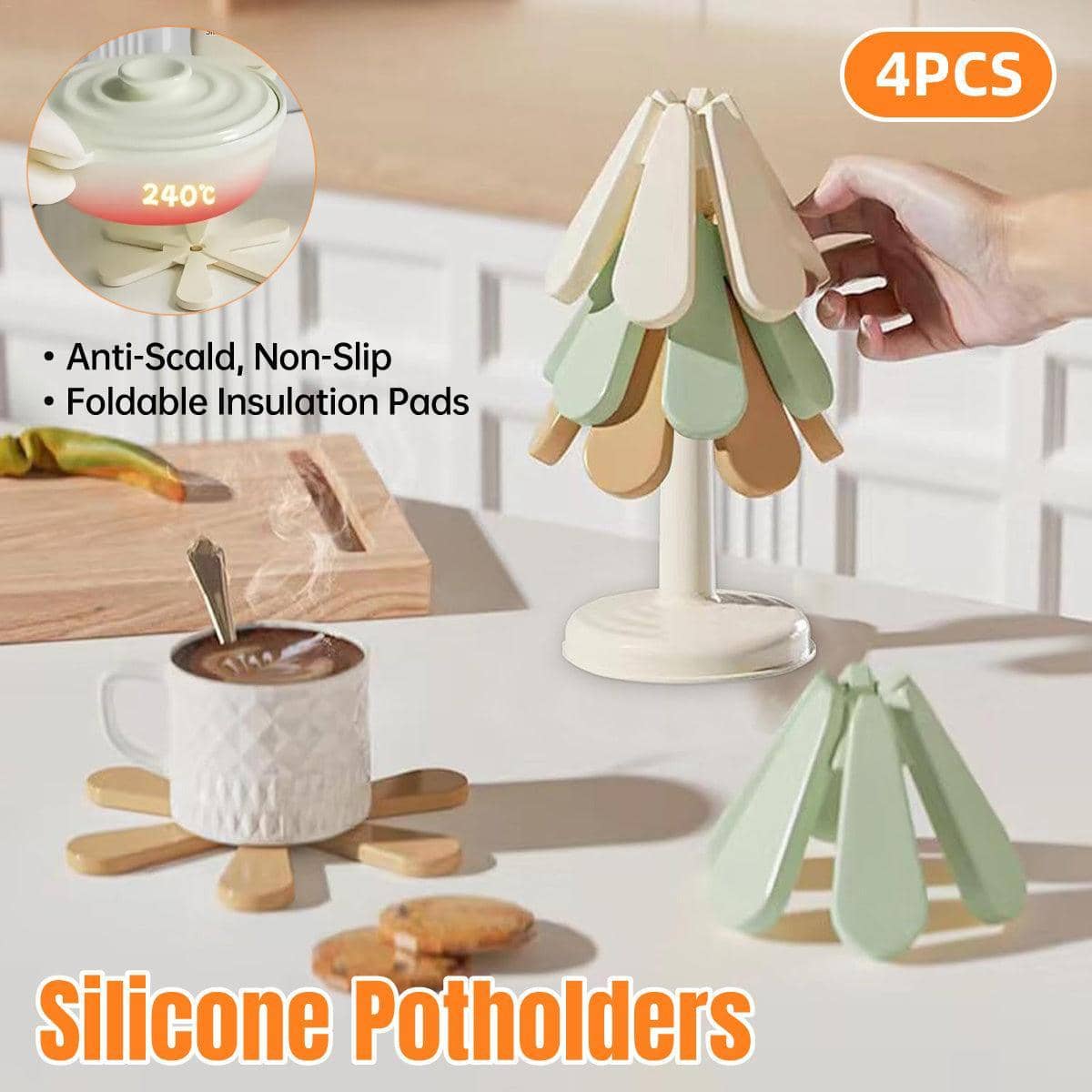 Heat Resistant Folding Silicone Coasters with Christmas Tree Stand - Cream, Sage and Tan